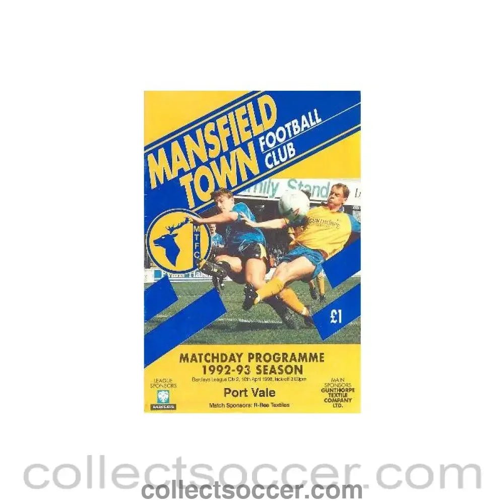 1993 - Mansfield Town v Port Vale official programme 10/04/1993 Barclays League - Collect Soccer