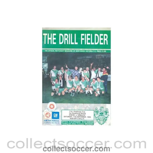 1993 - Northwich Victoria v Emley official programme 11/09/1993 GM Vauxhall Conference - Collect Soccer