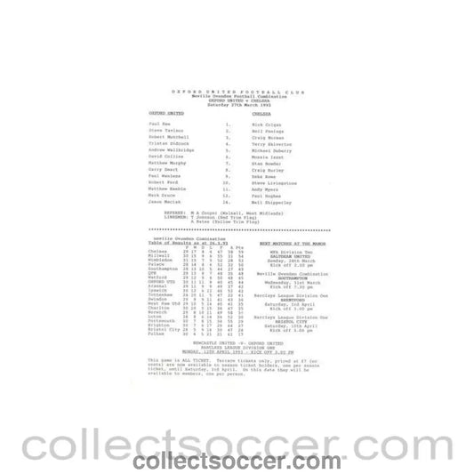 1993 - Oxford United v Chelsea Reserves official teamsheet 27/03/1993 Football Combination - Collect Soccer