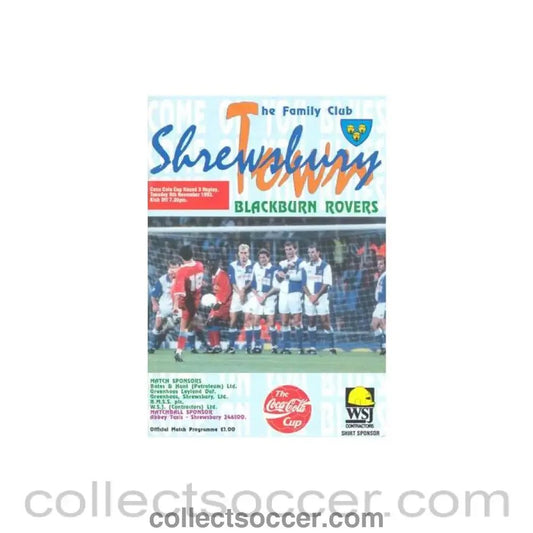 1993 - Shrewsbury Town v Blackburn Rovers official programme 09/11/1993 Coca Cola Cup 3rd Round Replay - Collect Soccer