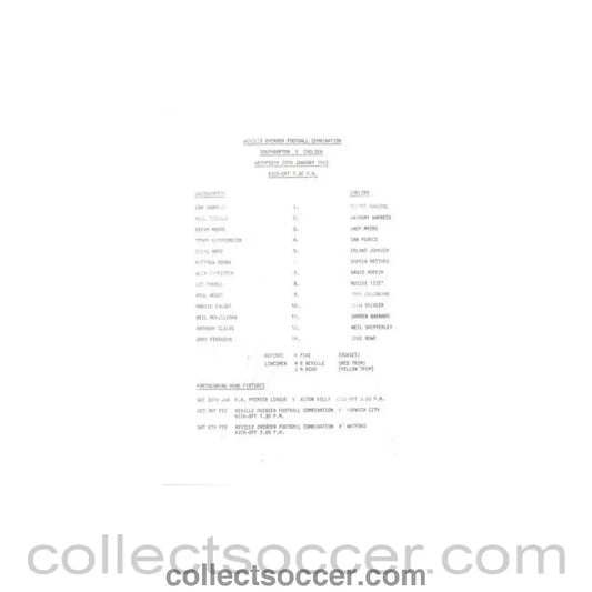 1993 - Southampton v Chelsea Reserves official teamsheet 20/01/1993 Football Combination - Collect Soccer