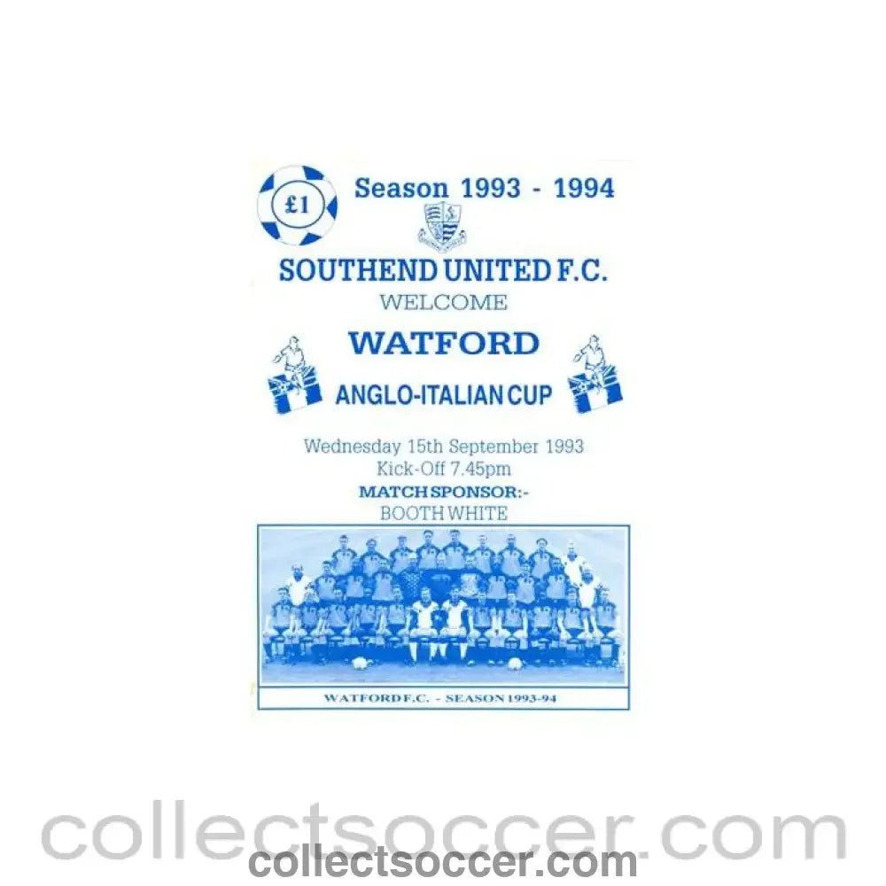 1993 - Southend United v Watford official programme 15/09/1993 Anglo - Italian Cup - Collect Soccer