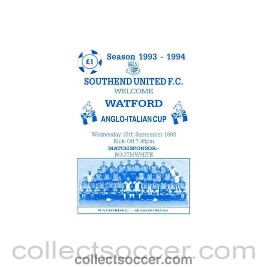 1993 - Southend United v Watford official programme 15/09/1993 Anglo - Italian Cup - Collect Soccer