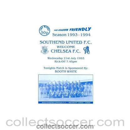 1993 - Southend vChelsea official programme 21/07/1993 pre - season friendly - Collect Soccer