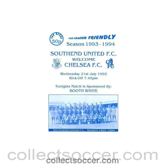 1993 - Southend vChelsea official programme 21/07/1993 pre - season friendly - Collect Soccer