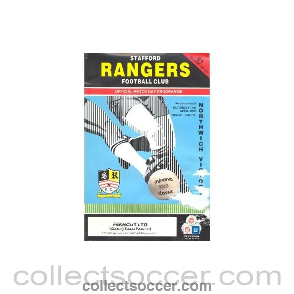 1993 - Stafford Rangers v Northwich Victoria official programme 17/04/1993, reduced price - Collect Soccer