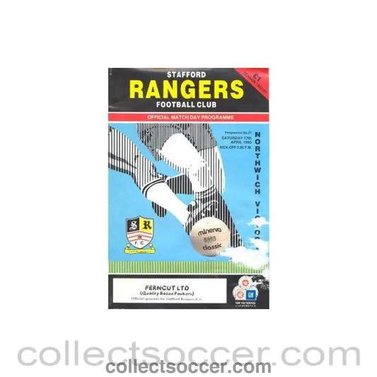1993 - Stafford Rangers v Northwich Victoria official programme 17/04/1993, reduced price - Collect Soccer