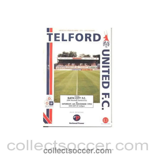 1993 - Telford United v Bath City official programme 06/11/1993 GM Vauxhall Conference - Collect Soccer