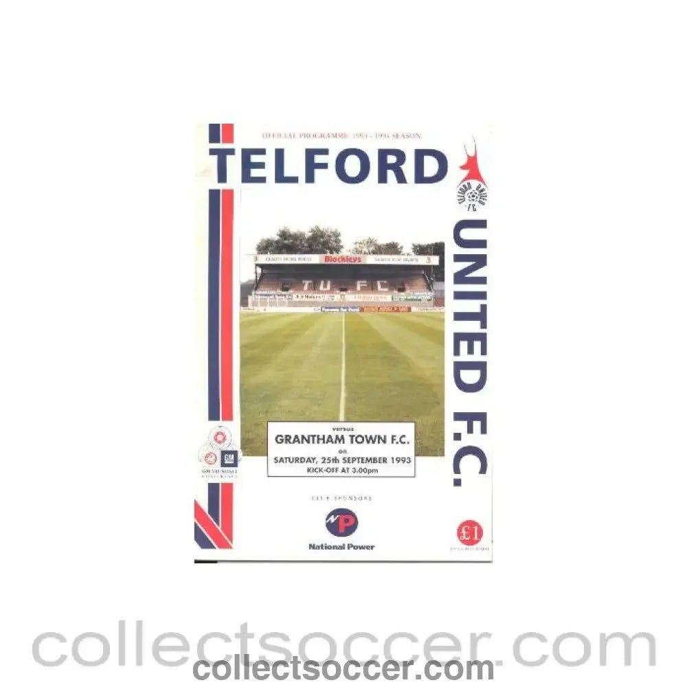 1993 - Telford United v Grantham Town official programme 25/09/1993 GM Vauxhall Conference - Collect Soccer
