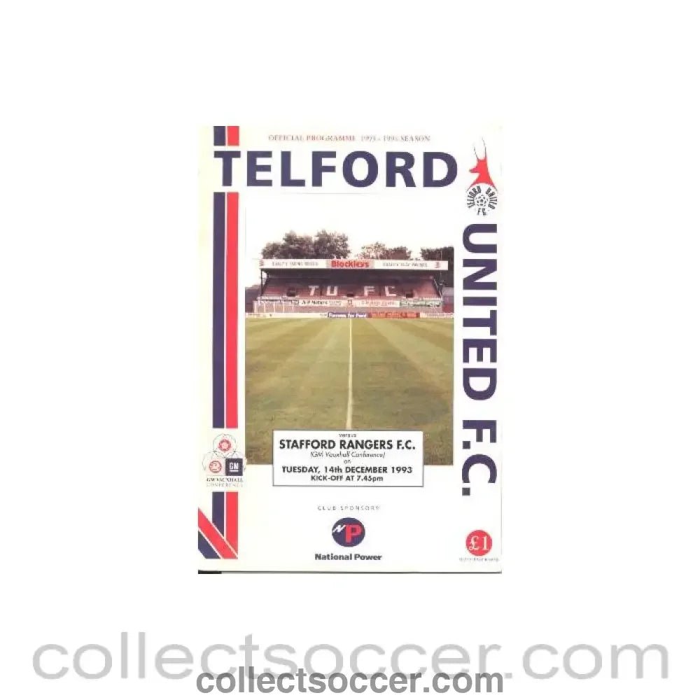 1993 - Telford United v Stafford Rangers official programme 14/12/1993 GM Vauxhall Conference - Collect Soccer