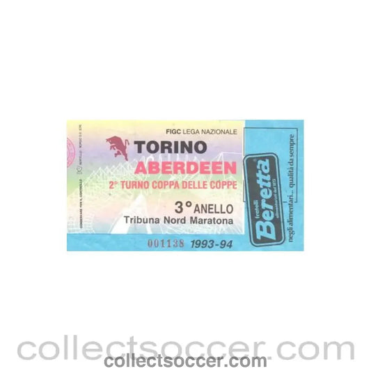 1993 - Torino v Aberdeen ticket 03/11/1993 Cup Winners Cup