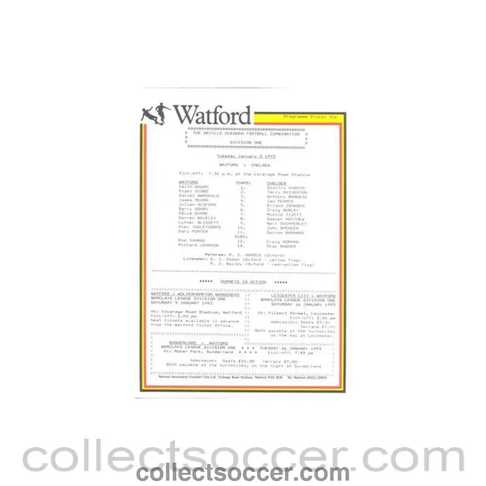 1993 - Watford v Chelsea Reserves official colour teamsheet 05/01/1993 Football Combination - Collect Soccer