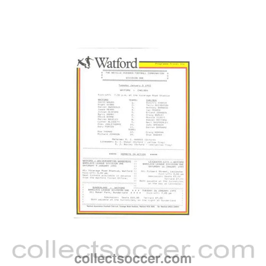 1993 - Watford v Chelsea Reserves official colour teamsheet 05/01/1993 Football Combination - Collect Soccer