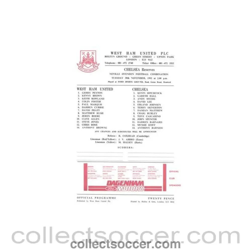 1993 - West Ham United v Chelsea Reserves official colour teamsheet 30/11/1993 Football Combination - Collect Soccer