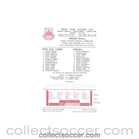 1993 - West Ham United v Chelsea Reserves official colour teamsheet 30/11/1993 Football Combination - Collect Soccer