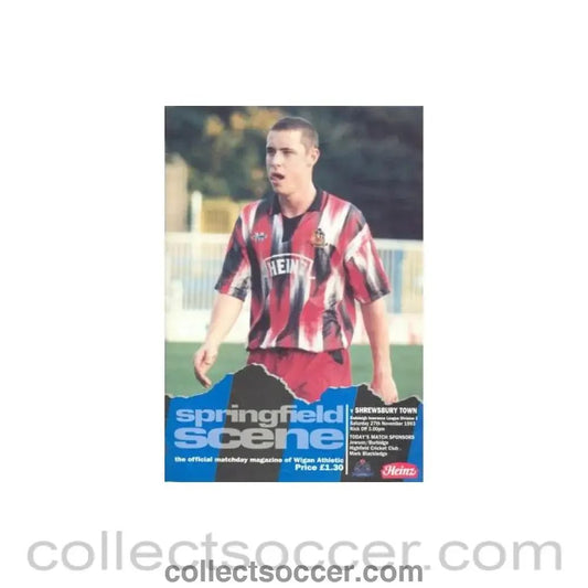 1993 - Wigan Athletic v Shrewsbury Town official programme 27/11/1993 Football League - Collect Soccer