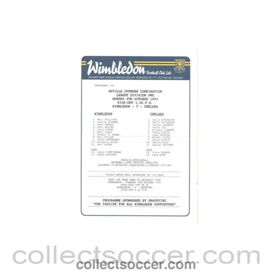 1993 - Wimbledon v Chelsea official colour teamsheet 04/10/1993 Neville Ovden Combination League Divizion 1