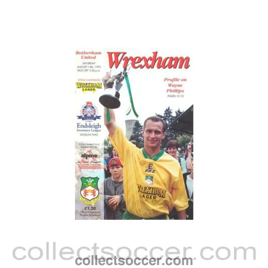 1993 - Wrexham v Rotherham official programme 14/08/1993 Football League - Collect Soccer