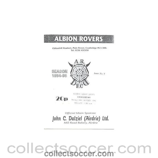 1994 - Albion Rovers v Airdrieonians official programme 10/10/1994 Reserve League - Collect Soccer