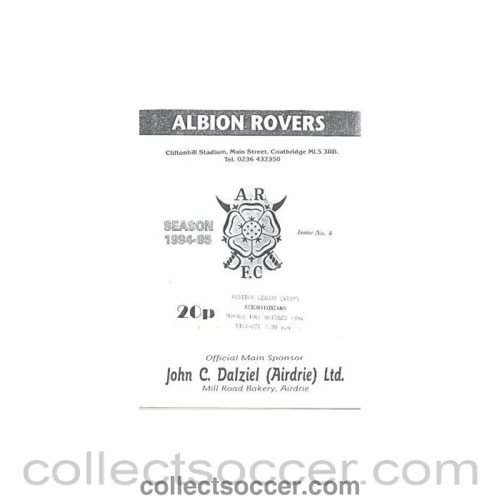 1994 - Albion Rovers v Airdrieonians official programme 10/10/1994 Reserve League - Collect Soccer