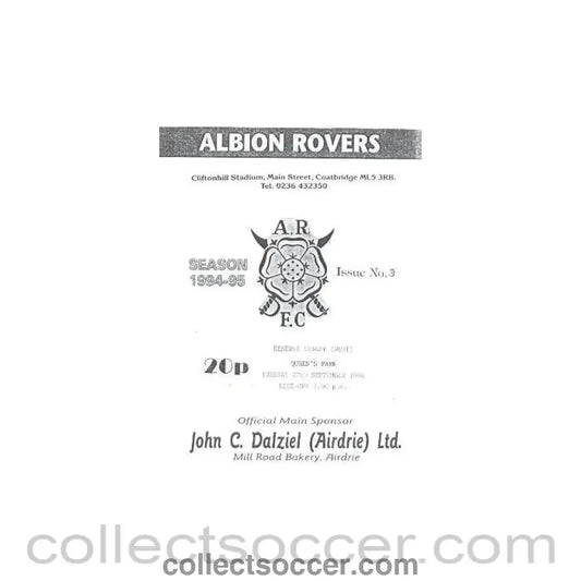 1994 - Albion Rovers v Queen's Park official programme 27/09/1994 Reserve League - Collect Soccer