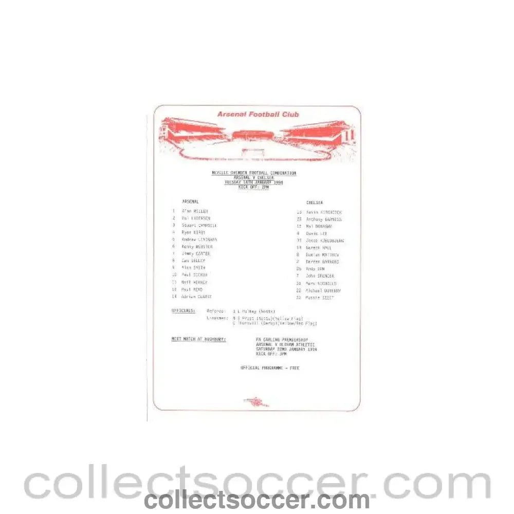 1994 - Arsenal v Chelsea official teamsheet 18/01/1994 Reserves - Collect Soccer