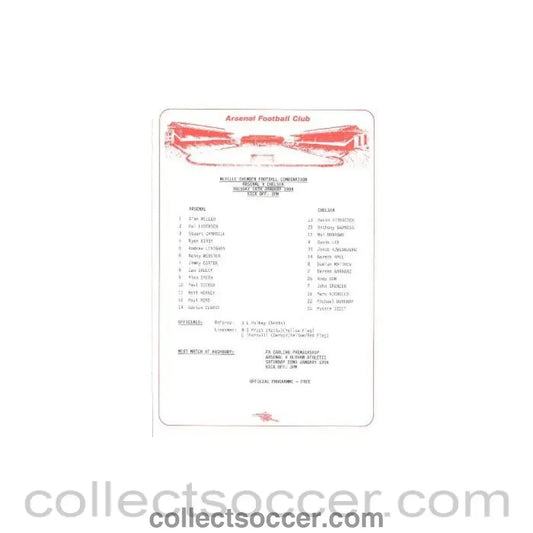 1994 - Arsenal v Chelsea official teamsheet 18/01/1994 Reserves