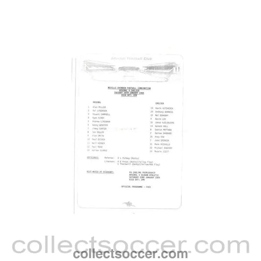 1994 - Arsenal v Chelsea Reserves official teamsheet 18/01/1994 Football Combination - Collect Soccer