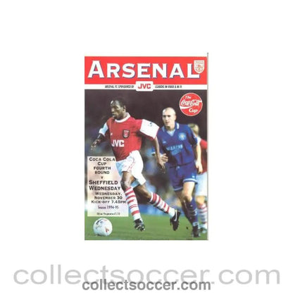 1994 - Arsenal v Sheffield Wednesday official programme 30/11/1994 Coca Cola Cup - Collect Soccer