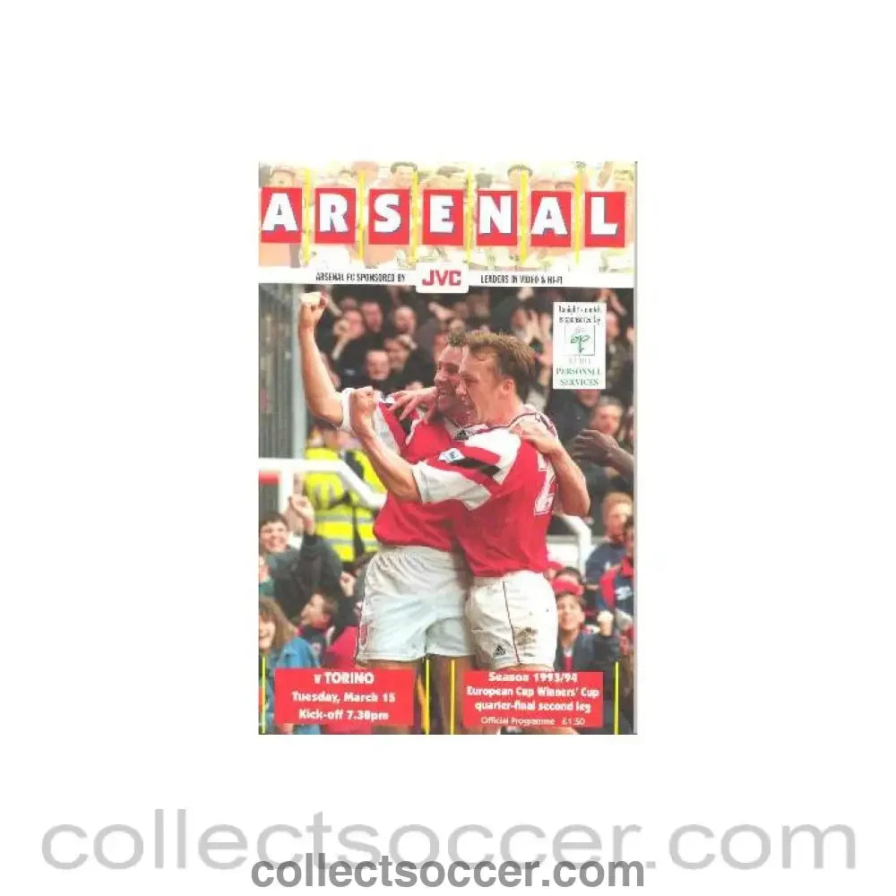 1994 - Arsenal v Torino official programme 15/03/1994 European Cup Winners Cup