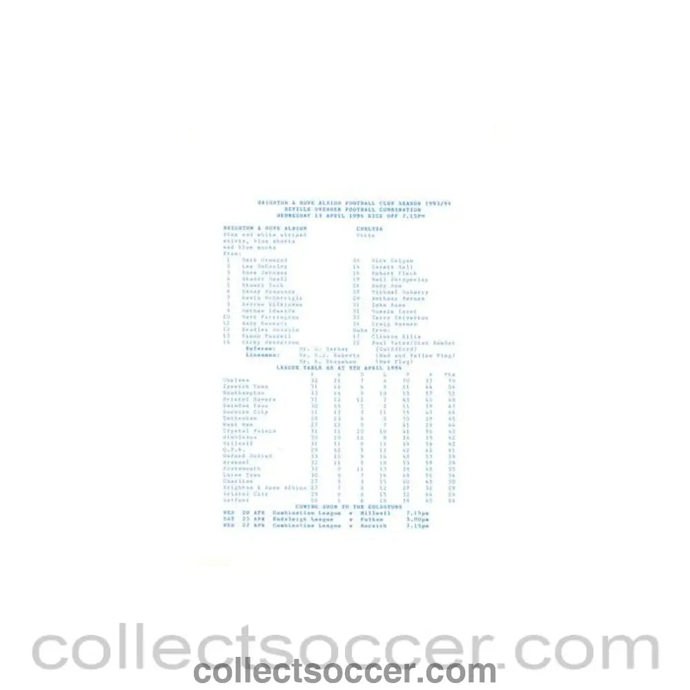 1994 - Brighton v Chelsea Reserves official teamsheet 13/04/1994 Football Combination - Collect Soccer