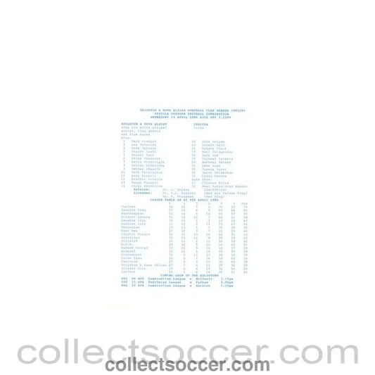 1994 - Brighton v Chelsea Reserves official teamsheet 13/04/1994 Football Combination - Collect Soccer
