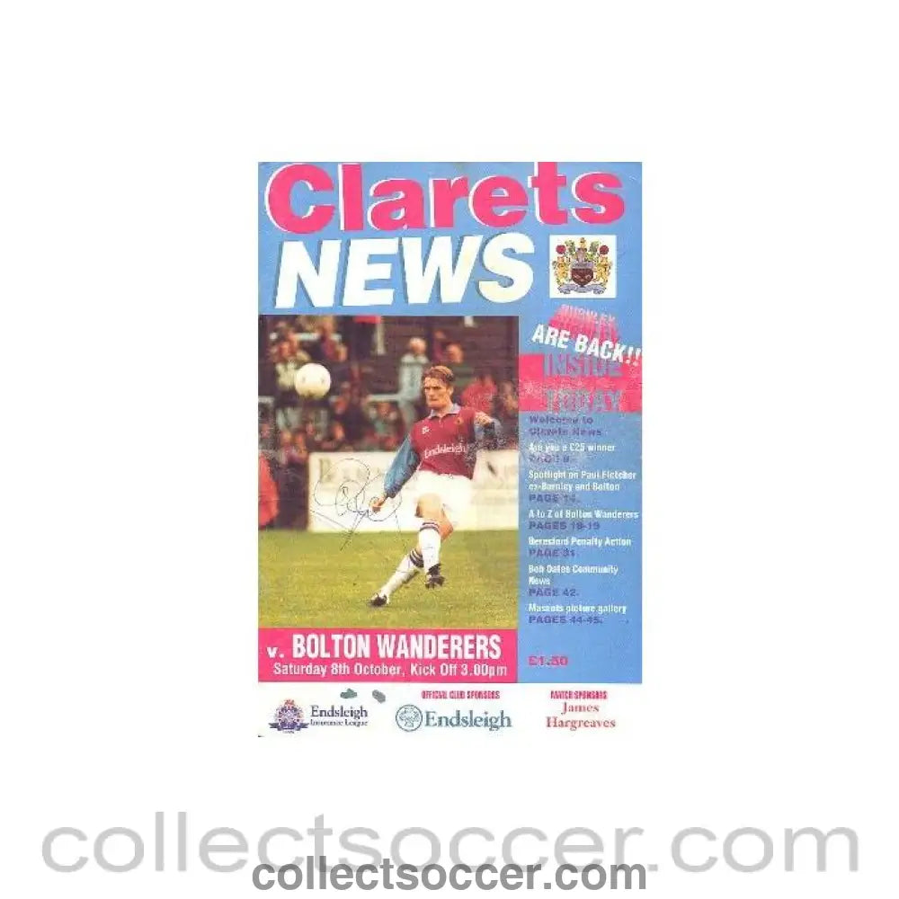 1994 - Burnley v Bolton Wanderers official programme 08/10/1994 League multi-signed