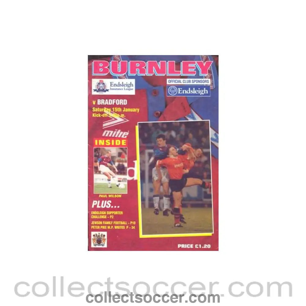 1994 - Burnley v Bradford official programme 15/01/1994 Football League