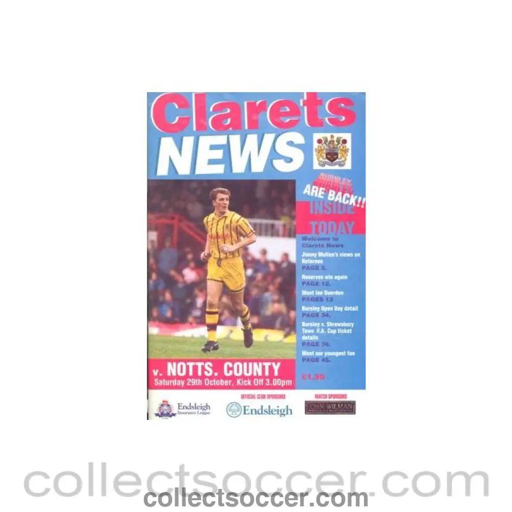 1994 - Burnley v Notts County official programme 29/10/1994 Football League - Collect Soccer
