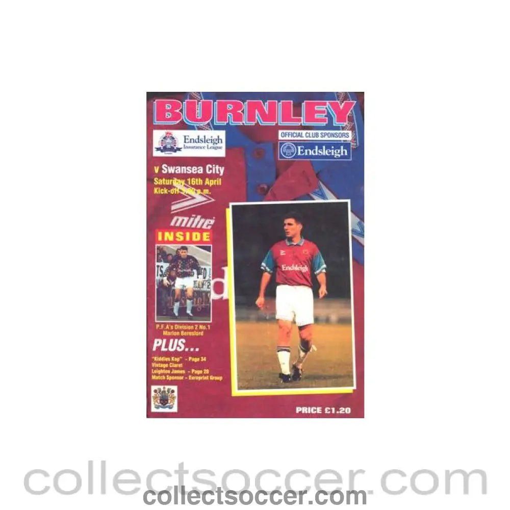 1994 - Burnley v Swansea City official programme 16/04/1994 Football League - Collect Soccer