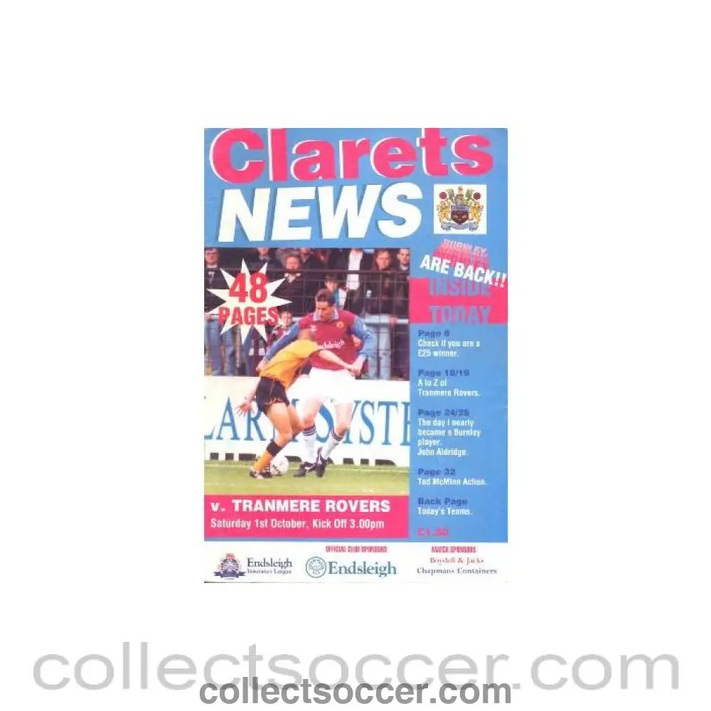 1994 - Burnley v Tranmere Rovers official programme 01/10/1994 - Collect Soccer