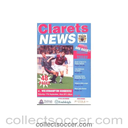1994 - Burnley v Wolverhampton Wanderers official programme 17/09/1994