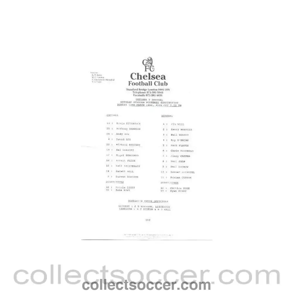 1994 - Chelsea v Arsenal official teamsheet 14/03/1994 - Collect Soccer