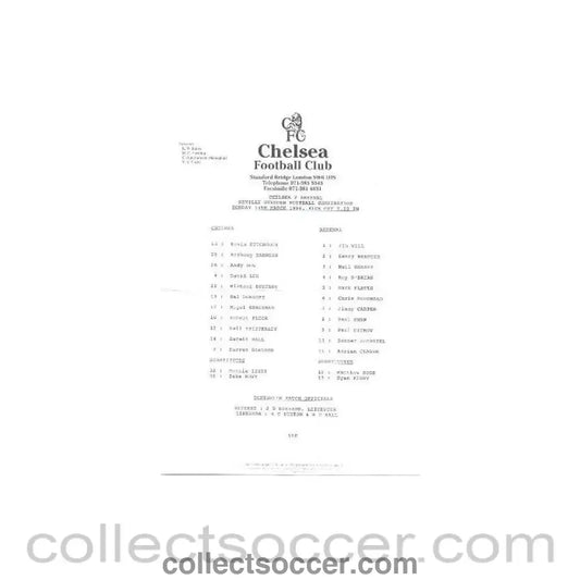 1994 - Chelsea v Arsenal official teamsheet 14/03/1994