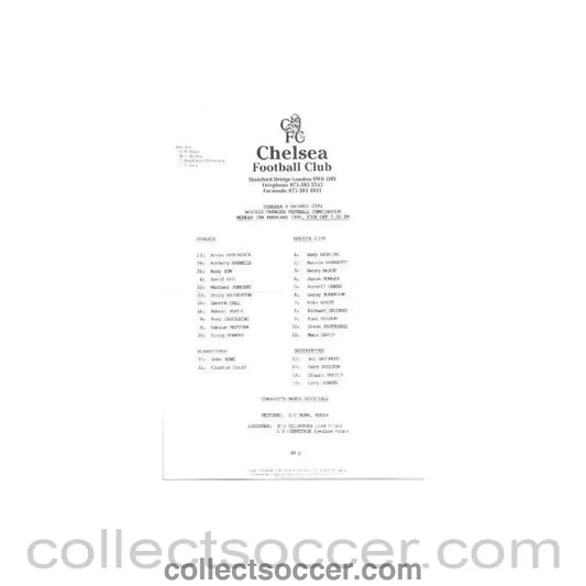 1994 - Chelsea v Bristol City Reserves official teamsheet 07/02/1994 Football Combination - Collect Soccer