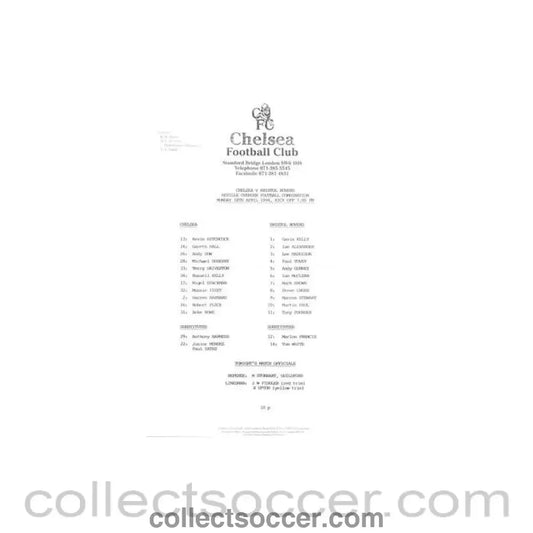 1994 - Chelsea v Bristol Rovers Reserves official teamsheet 18/04/1994 Neville Ovenden Football Combination - Collect Soccer