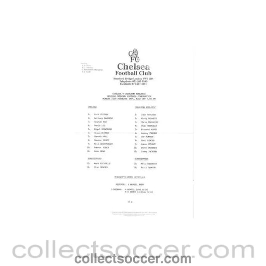 1994 - Chelsea v Charlton Athletic Reserves official teamsheet 21/02/1994 Neville Ovenden Football Combination - Collect Soccer