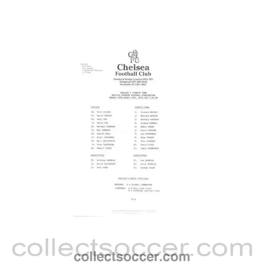 1994 - Chelsea v Ipswich Town Reserves official teamsheet 28/03/1994 Neville Ovenden Football Combination - Collect Soccer