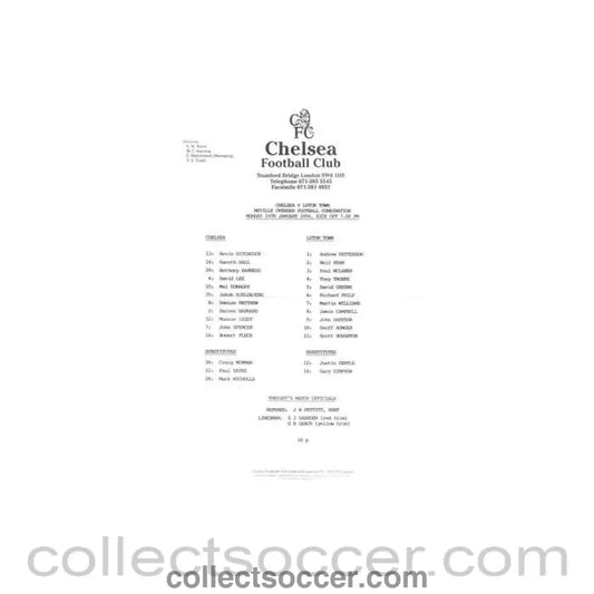 1994 - Chelsea v Luton Town Reserves official teamsheet 24/01/1994 Football Combination - Collect Soccer
