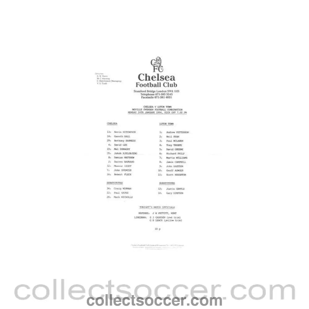 1994 - Chelsea v Luton Town Reserves official teamsheet 24/01/1994 Football Combination - Collect Soccer