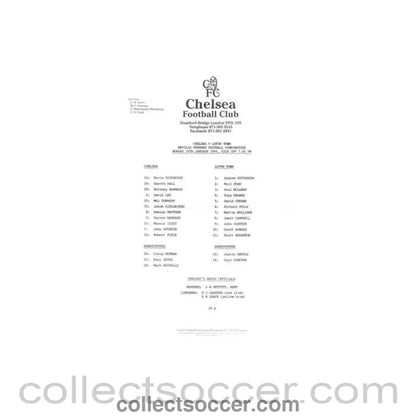 1994 - Chelsea v Luton Town Reserves official teamsheet 24/01/1994 Football Combination - Collect Soccer