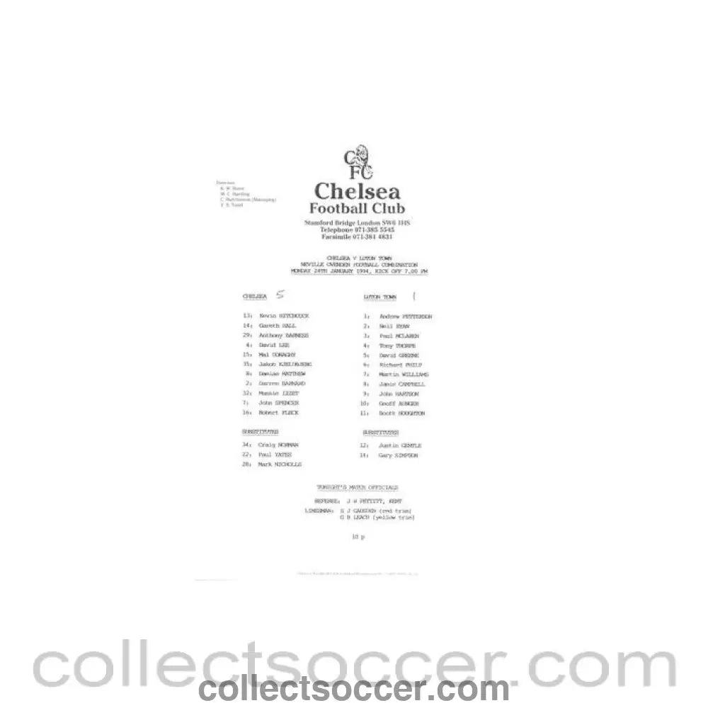 1994 - Chelsea v Luton Town Reserves official teamsheet 24/01/1994 Football Combination - Collect Soccer