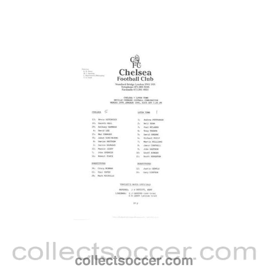 1994 - Chelsea v Luton Town Reserves official teamsheet 24/01/1994 Football Combination - Collect Soccer