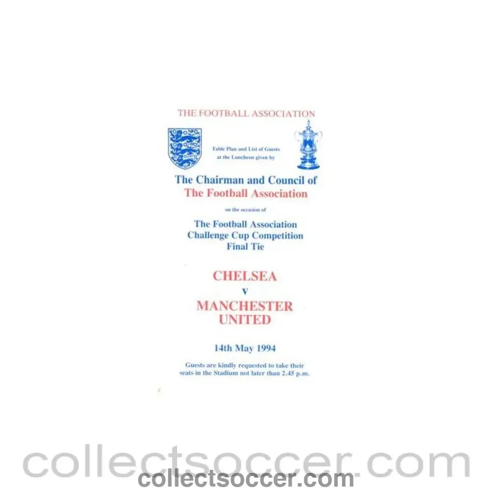 1994 Chelsea v Manchester United 14/05/1994 FA Cup Final Royal Box Table Plan & List of Guests - Collect Soccer